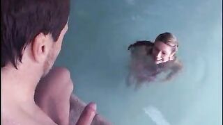 Slim brunette with long legs passionately rides a big hard cock by the pool