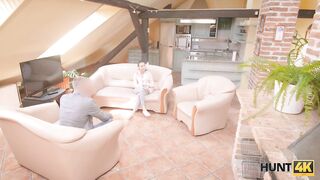 HUNT4K. Hot brunette rides hunters dick in front of greedy husband
