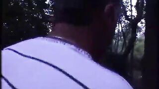 Dirty threesome in the woods with two men