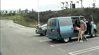 Lucky older dude fucks hot Latina in open van in parking lot