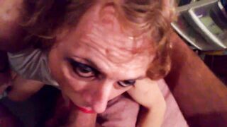 Looking rough after long day of service,but can still worship the cock.