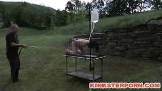 Outdoor BDSM Cage Locked Enema Slave