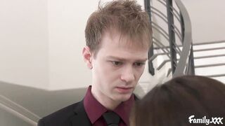 Busty MILF Brunette Fucks Her Stepson to Help Him Deal With Getting No Pussy