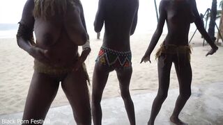 3 African tribe witches doing a dancing ritual for making rain