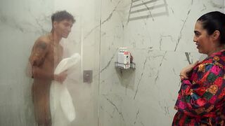 Big ass stepmom ends up fucking her skinny stepson after snooping on him in the shower