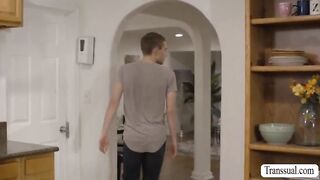 Busty shemale ass fucks her boyfriends MILF stepmom in kitchen