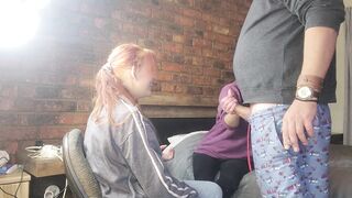 Two shy girls playing with my massive cock