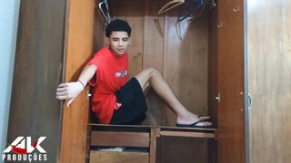 Stepson hides in the closet to spy on his hot stepmother.