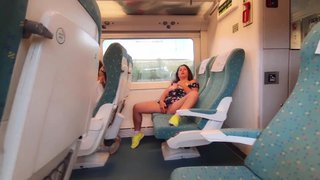 Young milf seduces voyeur on public train.