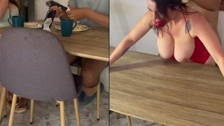 Real homemaker, mature and young, have breakfast at the table