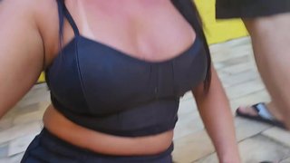 Milf with innocent young man by the pool
