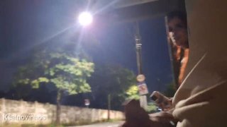 Risky masturbation with a beautiful redhead at the bus stop!