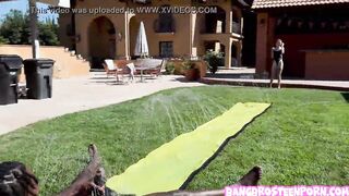 Teenie blonde Kate Bloom playing Slip and Slide and Suck!