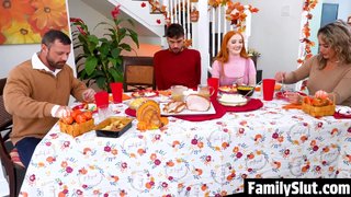 The Two Nasty Sluts Get Under the Table and Take Turns Slobbering Stepbro's Dick - Familyslut