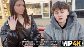 VIP4K. Two beautiful 18 years old girls jumps on the Stranger's face
