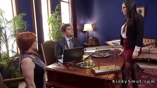 Master fucks busty slaves in upper floor