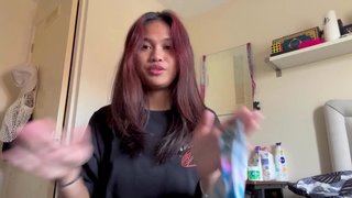 18 year old teen shows us her hairy pussy while changing new thongs
