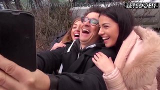 Blonde & Brunette Duo Eager for a Public FFM Threesome Ride