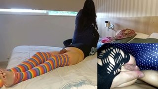 I lick her pussy under her skirt. Breastfeeding tits