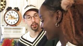 Chocolate babe gets hardcore 3some with two white dicks