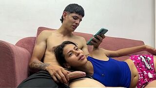 I surprised my big-assed stepsister while we were watching a movie, I shoved my huge cock straight into her mouth and she sucked it like a desperate whore