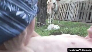 Pervert granny gets banged by a much y. man right in the middle of the backyard