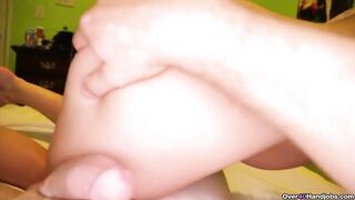Horny milf jerks off a young dude