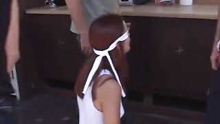 Slim brunette Saphire Rae has great pleasure while sucks five interracial dicks then feels them inside