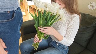Gave her flowers and stopped being virgin anymore, creampied teen after sex with blowjob