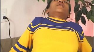 Sexy ebony cheerleader fucks fan in the living room