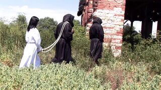 This stunning girl gets her punishment from two kinky dudes