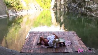 Blonde lesbian babes with big tits masturbating outdoors