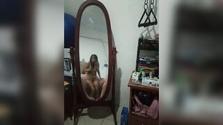 Asian Slut records herself getting fucked in the mirror