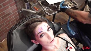 Tattooed slut gets new ink then masturbates in the shop
