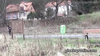 Cute girls expose peeing pussies and take a leak
