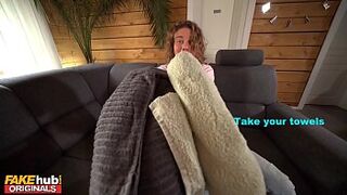 FAKE FAMILY Step Sister and Her Friend Massaged Then Fucked on Couch by Step Brother