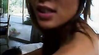 Beautiful young asian slut with a tattoo sucks and rides a big hard cock