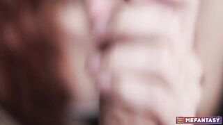 Red-haired beauty sucks dick and licks balls