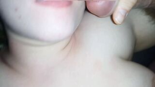 Cum on her smiling mouth with her helping tongue