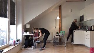 from behind and at home, see through leggings and no panties