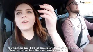 Sweet blowjob while driving a lot of cum on tits!
