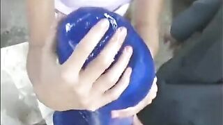 Blonde babe gets a giant dildo in the mail